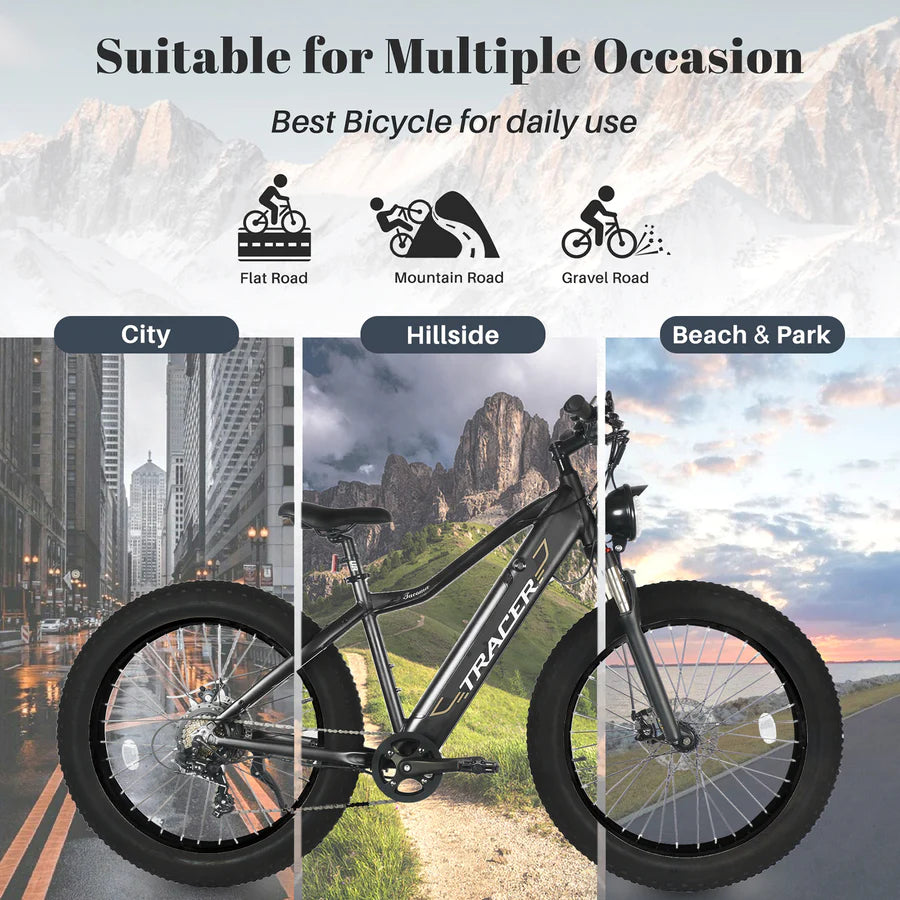 TRACER TACOMA 26" 7 SPEED ELECTRIC FAT TIRE BIKE W/ DUAL SUSPENSIONS