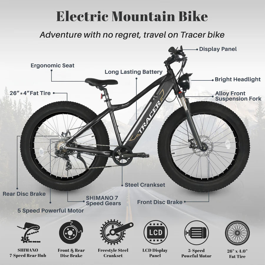 TRACER TACOMA 26" 7 SPEED ELECTRIC FAT TIRE BIKE W/ DUAL SUSPENSIONS